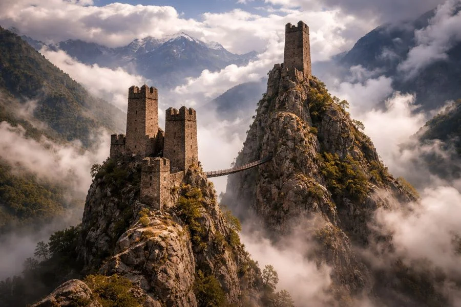 Замки, парящие в облаках: кто возвел неприступные башни-близнецы в горах Кавказа?